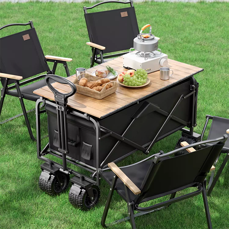 Large Black Double Brake Airplane Wheels 16cm Beach Cart, Large Wood Grain Steel Table Top