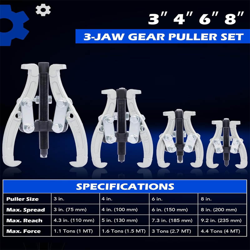 4-PieceBearing Puller Gear Puller Set, 3" 4" 6" 8" Puller Kit 3 Jaw Puller Kit for Pulley Gear Bearing Flywheel Removal