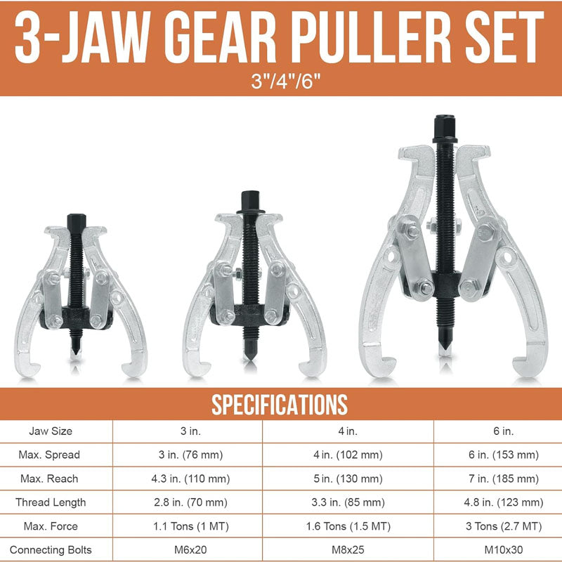 Customized 3" 4" 6" Puller Kit 3 Jaw Gear Bearing Puller Removal Tool External and Internal 3-Piece