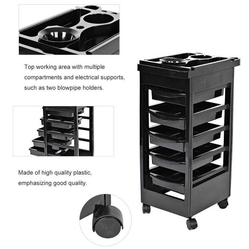 Hairdressing Trolley With 5 Layers, Hair Dye Bowl And Hair Dryer Holder, 360 Degree Rotatable Storage