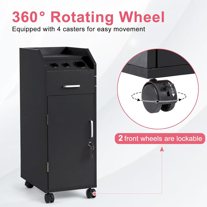 Beauty Hairdressing Cart Hair Salon Storage Cart with Wheels 3 Hair Dryer Holders & 4 Drawers & Lock & 2 Keys