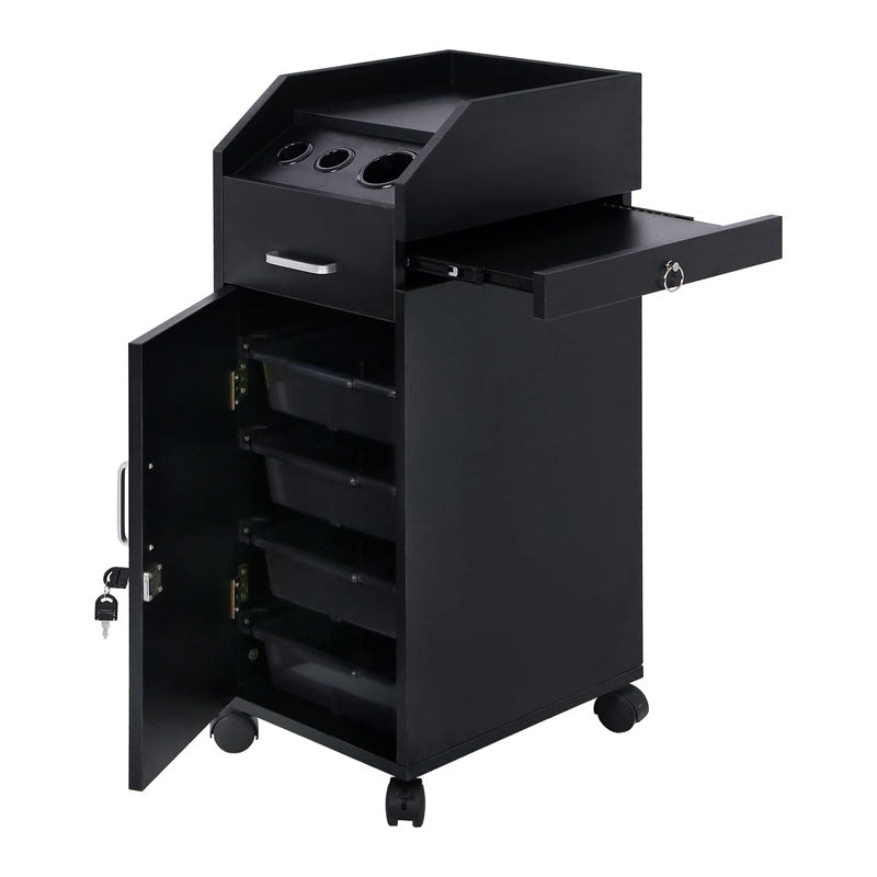 Beauty Hairdressing Cart Hair Salon Storage Cart with Wheels 3 Hair Dryer Holders & 4 Drawers & Lock & 2 Keys