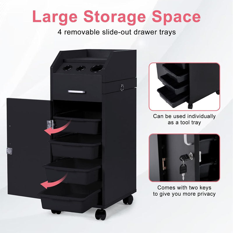 Beauty Hairdressing Cart Hair Salon Storage Cart with Wheels 3 Hair Dryer Holders & 4 Drawers & Lock & 2 Keys