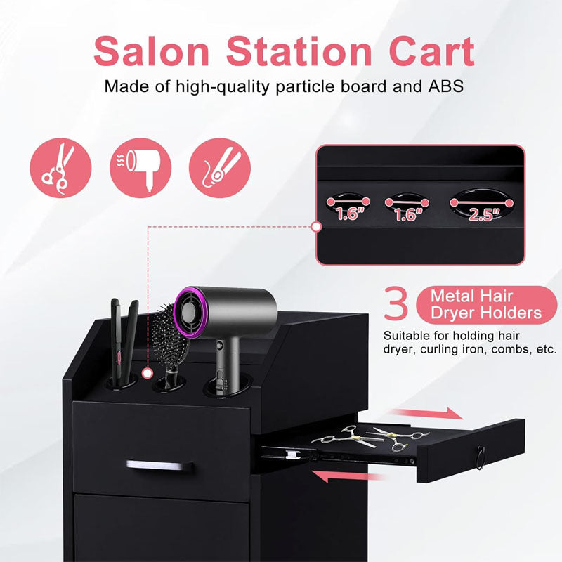 Beauty Hairdressing Cart Hair Salon Storage Cart with Wheels 3 Hair Dryer Holders & 4 Drawers & Lock & 2 Keys