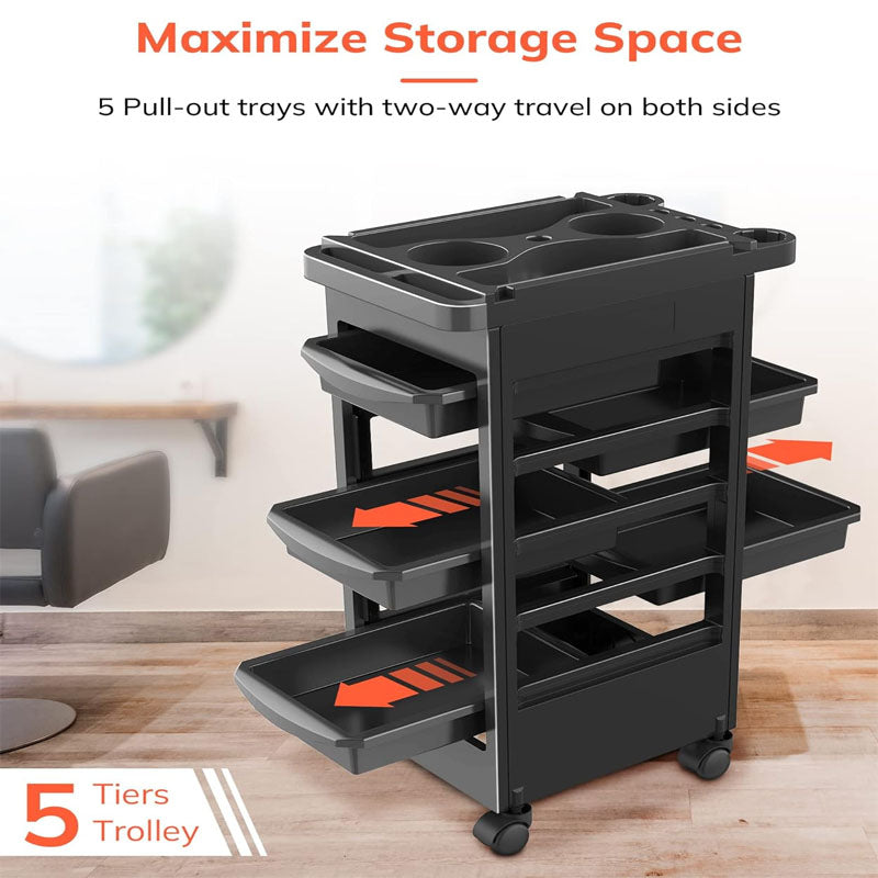 Beauty Hairdressing Cart with Wheels and 5 Drawers, Salon Rolling Cart for Extra Hairdresser Storage