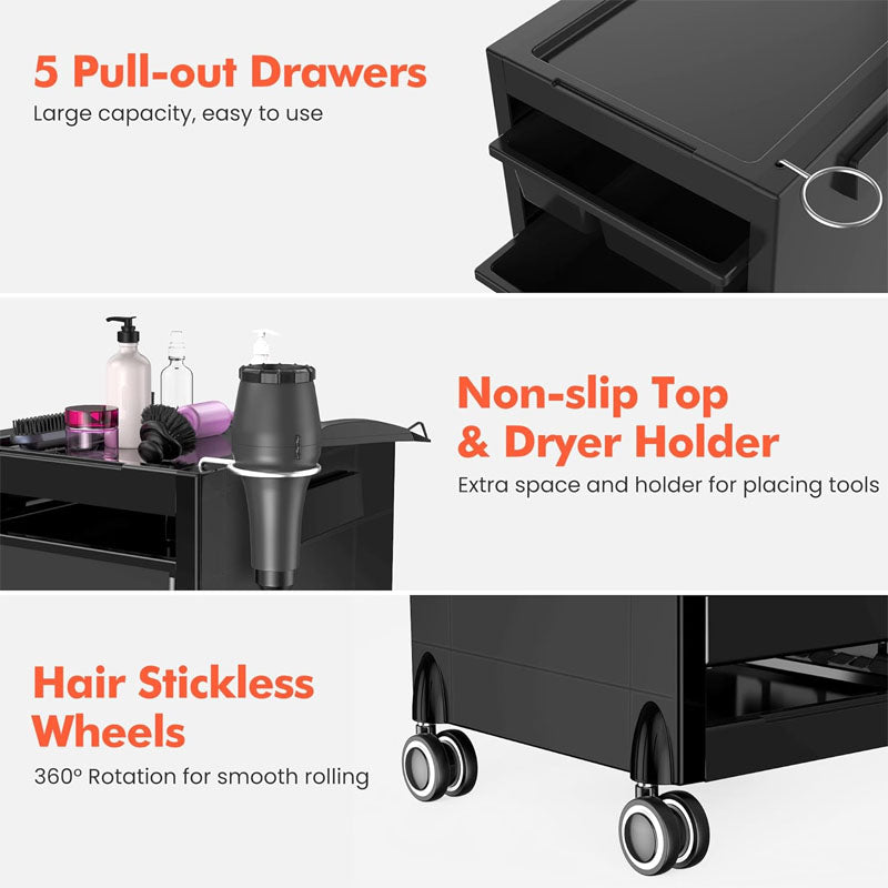 Beauty Hairdressing Cart 5 Drawers & dryer holder Space Saving Salon Cart with 4 Wheels for Beauty SPA Barbershop