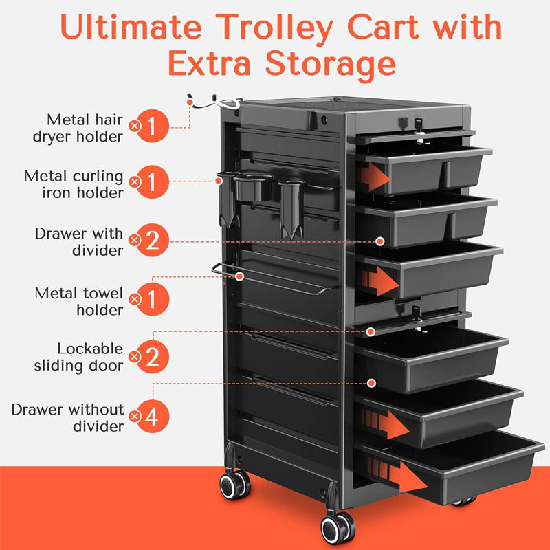 Beauty Hairdressing Cart Beauty Salon Cart with 6 Drawers and Tool Holders Rolling Cart with Wheels Lock and Door