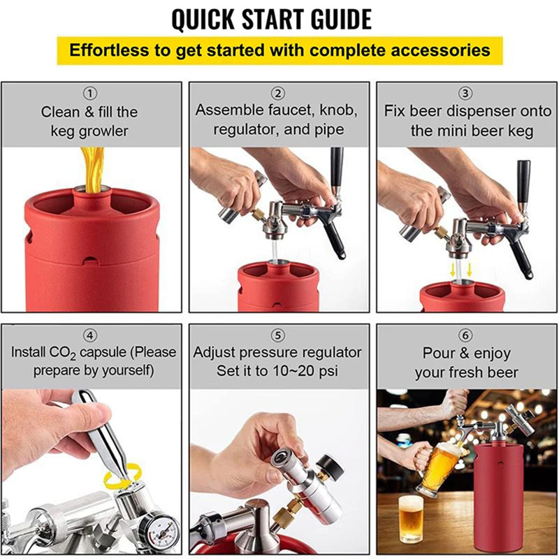 5L Mini Keg Pressurized Beer Keg Automatic Brewing Beer Container Stainless Steel Wine Spear Adjustable Beer Tap Advanced Carbon Dioxide Charger Kit