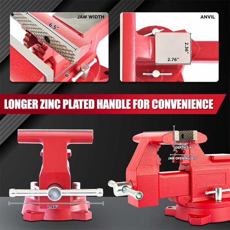 6.5" Bench Vise with 360°Swivel Locking Base & Two-way Jaw Ductile Iron with Anvil Red