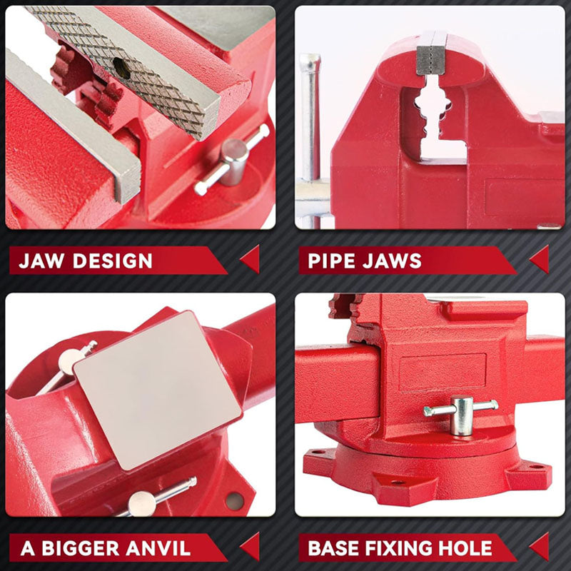 6.5" Bench Vise with 360°Swivel Locking Base & Two-way Jaw Ductile Iron with Anvil Red