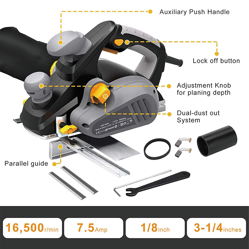 Electric Planer,7.5-Amp 16500 Rpm Power Hand Planer, Dual-dust out System, Dual-handle Design, Blade Protector, 2 Reversible HSS Blades and 2 Carbon Brushes