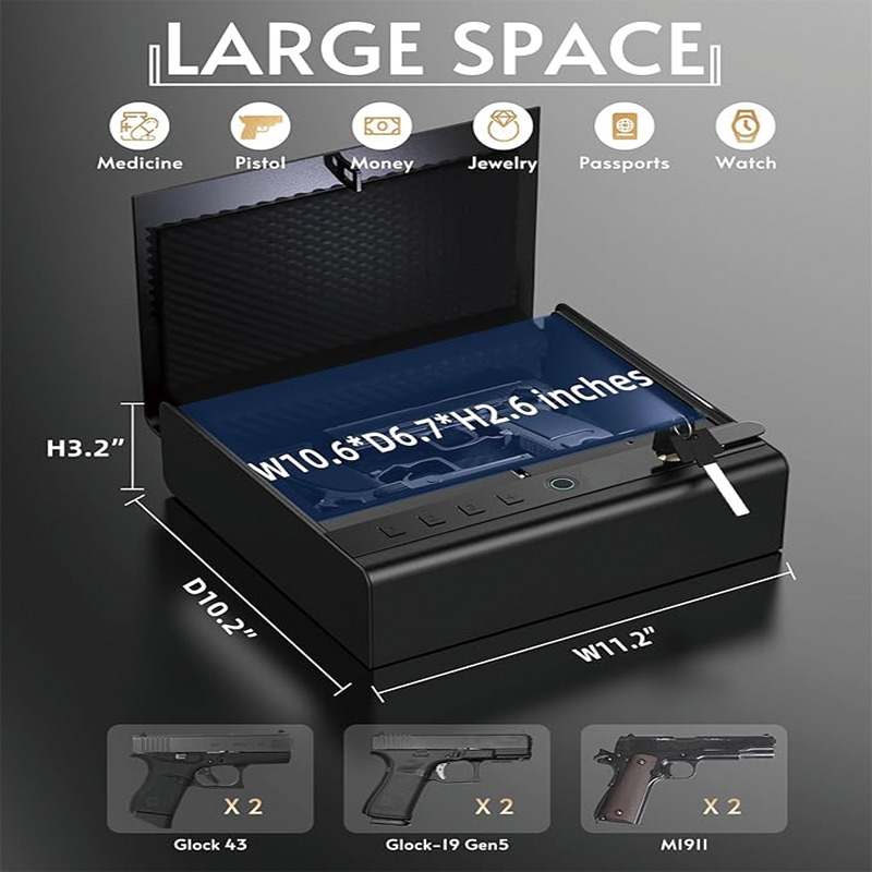 Gun Safe for Pistols, Biometric Gun Safe with Three Quick Access Ways of Fingerprints, Passwords and Keys,Ideal for Nightstand, Car, Bedside, Wall