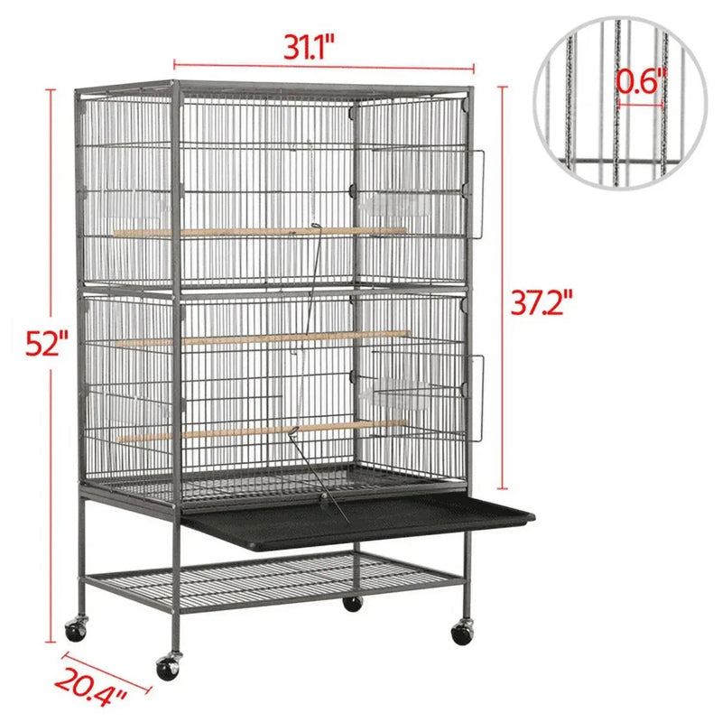 Metal 52" Large Rolling Bird Cage With 3 Perches And 4 Feeders Black