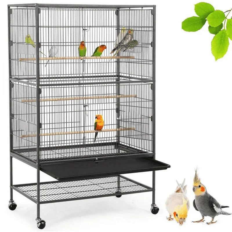 Metal 52" Large Rolling Bird Cage With 3 Perches And 4 Feeders Black