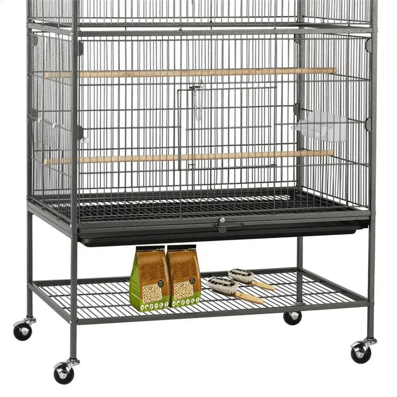 Metal 52" Large Rolling Bird Cage With 3 Perches And 4 Feeders Black
