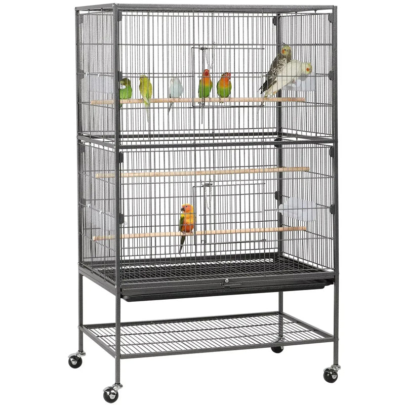 Metal 52" Large Rolling Bird Cage With 3 Perches And 4 Feeders Black