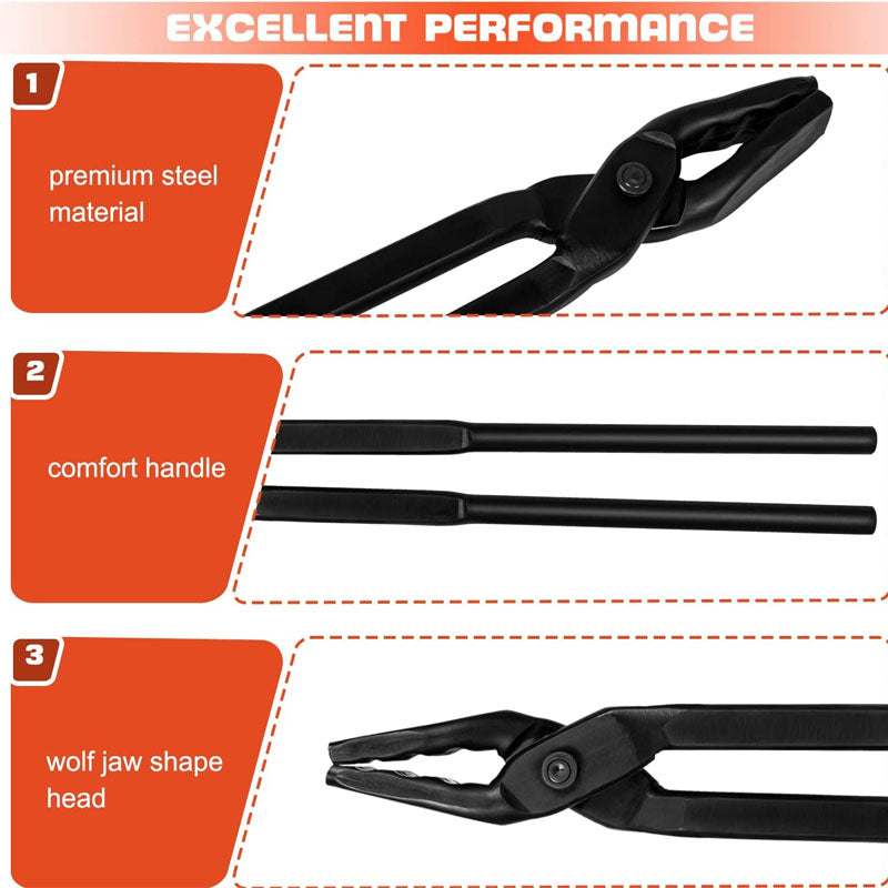 Wolf Jaw Blacksmith Tongs for Beginner & Professional Blacksmiths Bladesmiths & Craftsmen (15 in 16 in 17 in)