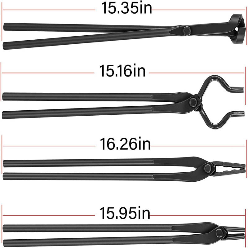4 pack Blacksmith Tongs Tongs Forge Tools Includes V-Bit Bolt Tongs Wolf Jaw Tongs Flat Tongs Blade Tongs