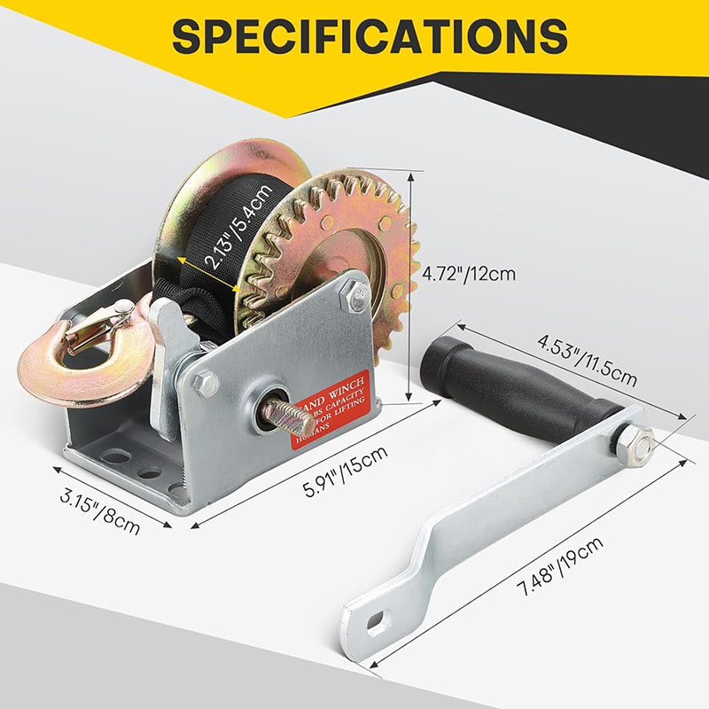 800LBS Hand Winch Heavy Duty Boat Trailer Winch with 16FT Strap Ratchet Gear for Trailer Boat Towing