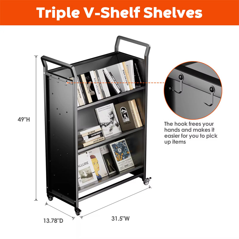 Mobile Steel Book Cart Shelf Book Cart H49"*D13.78"*W31.5" Rolling Book Cart Mobile For Children Classroom