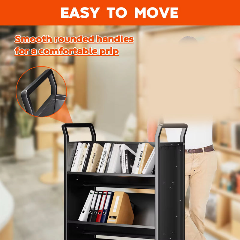 Mobile Steel Book Cart Shelf Book Cart H49"*D13.78"*W31.5" Rolling Book Cart Mobile For Children Classroom