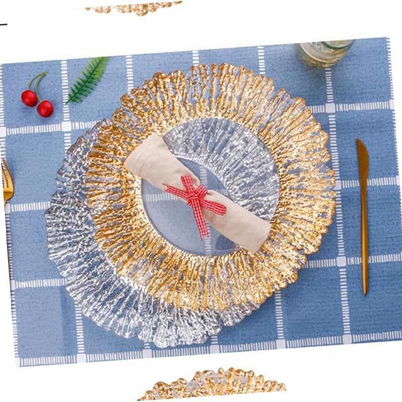 Glass Plate, Gold Creative Vertical Texture Glass Mat Plate, Decorative Gold Bowl Tableware Tray