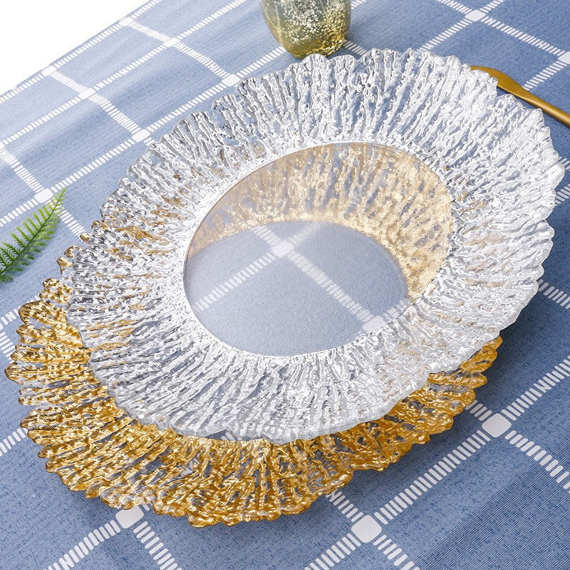 Glass Plate, Gold Creative Vertical Texture Glass Mat Plate, Decorative Gold Bowl Tableware Tray