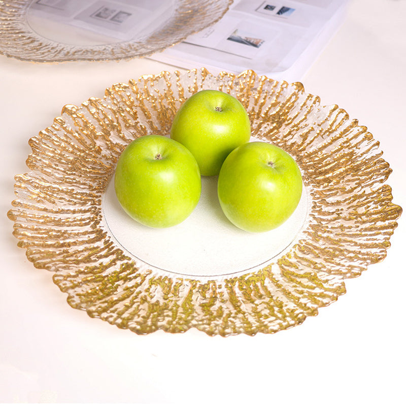 Glass Plate, Gold Creative Vertical Texture Glass Mat Plate, Decorative Gold Bowl Tableware Tray