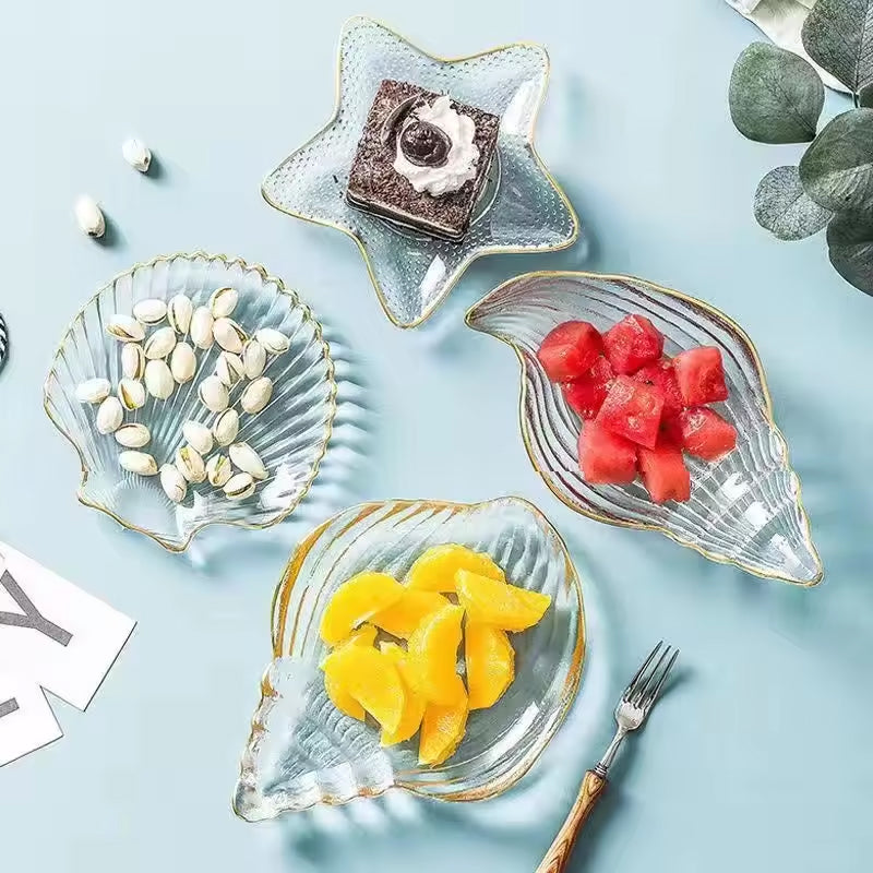Creative Ocean Style Gold-Rimmed Glass Shell Plates, Crystal Glass Plates, Dessert Plates