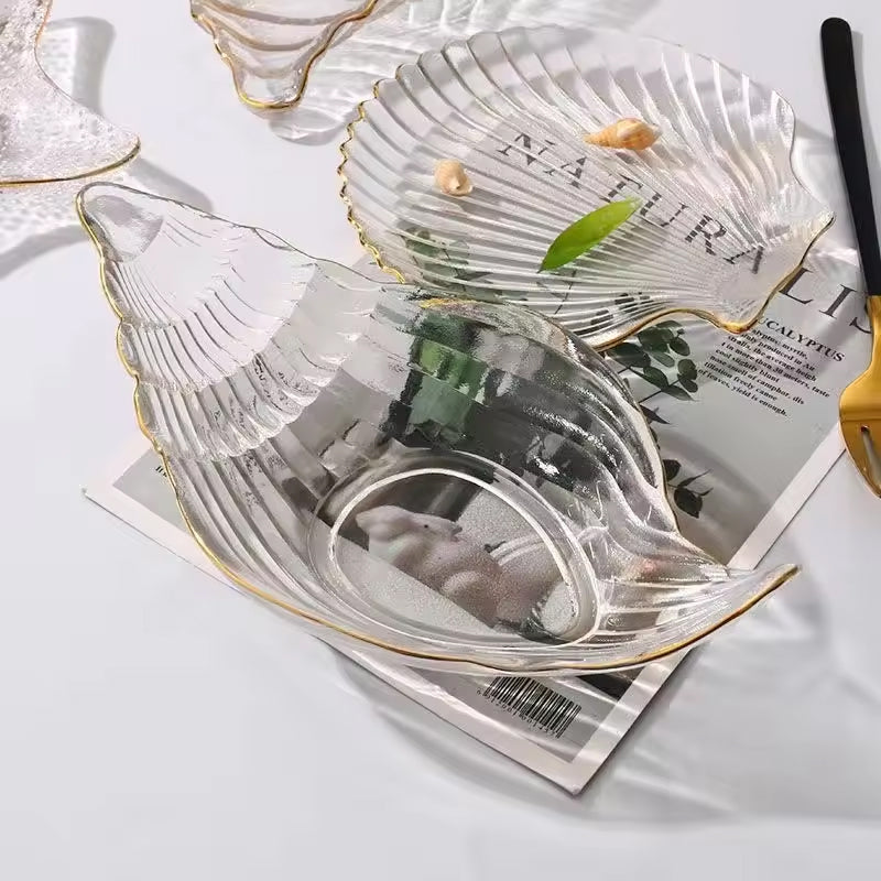 Creative Ocean Style Gold-Rimmed Glass Shell Plates, Crystal Glass Plates, Dessert Plates
