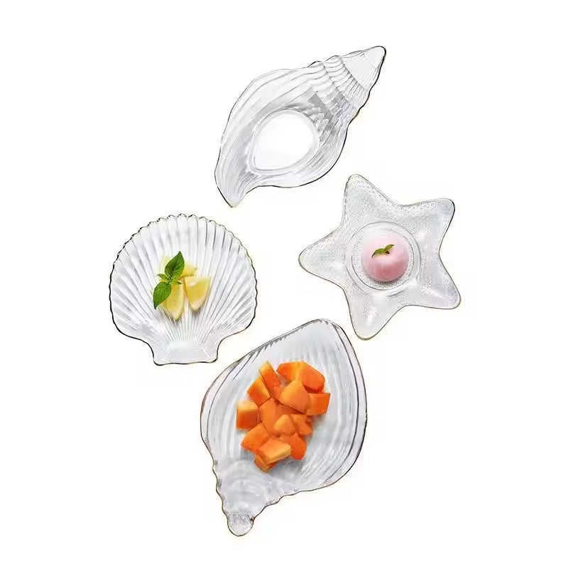 Creative Ocean Style Gold-Rimmed Glass Shell Plates, Crystal Glass Plates, Dessert Plates