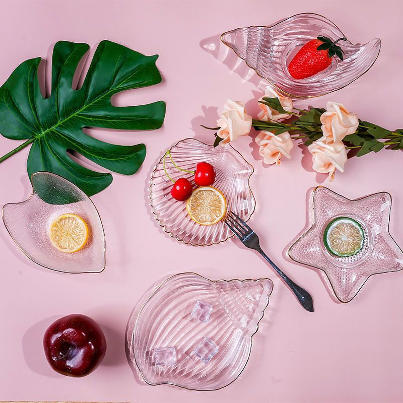 Creative Ocean Style Gold-Rimmed Glass Shell Plates, Crystal Glass Plates, Dessert Plates