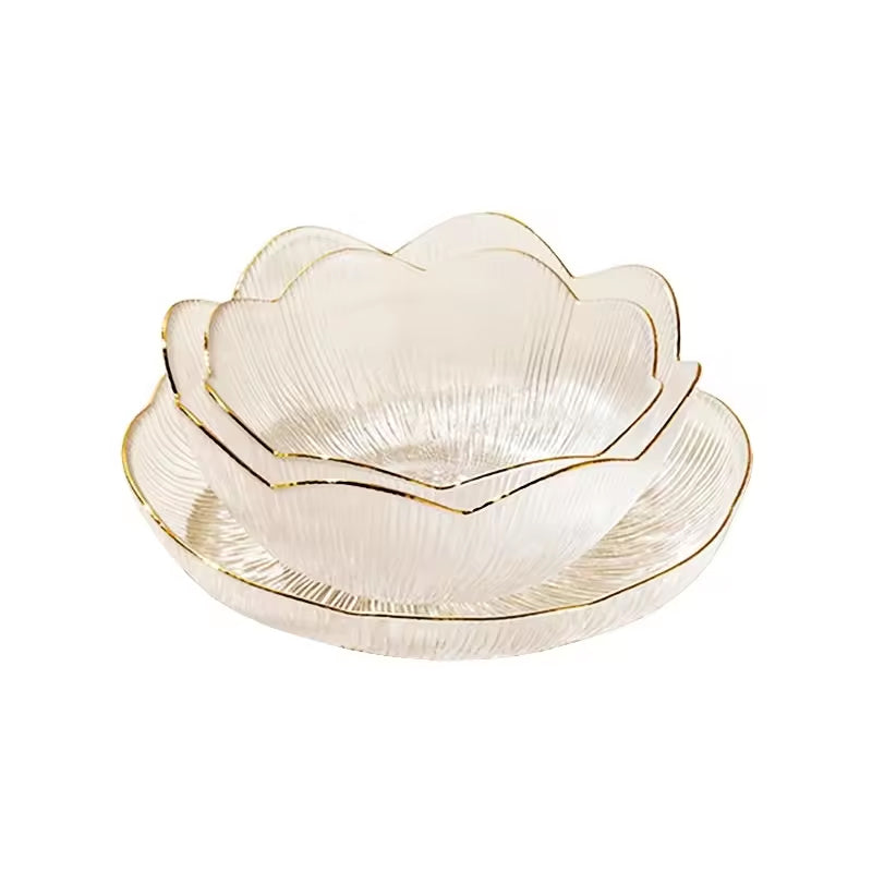 Home Kitchen Party Glassware Set Flower-Shaped Transparent Light Luxury Chinese Snack Plate Flower-Shaped Transparent Glass Plate With Gold Rim