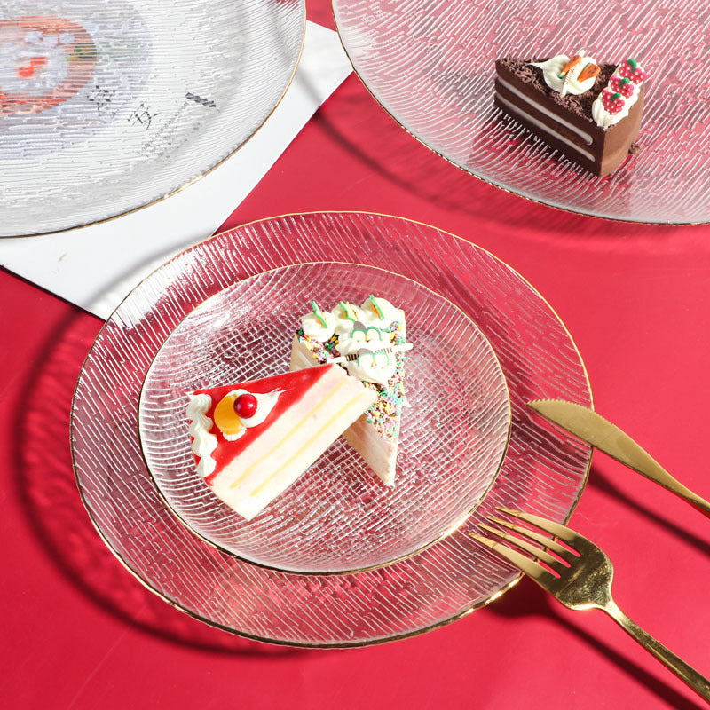 Gold-Rimmed Bamboo Hat Bowl Nordic Crystal Glass Salad Bowl Household Striped Bowl Plate Glass Tableware