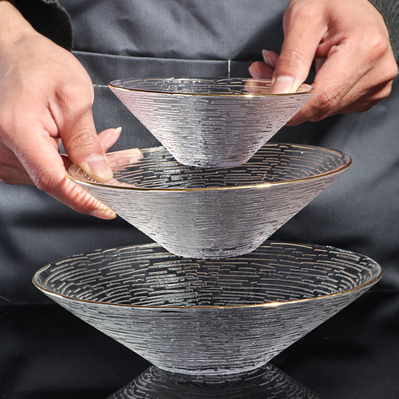 Gold-Rimmed Bamboo Hat Bowl Nordic Crystal Glass Salad Bowl Household Striped Bowl Plate Glass Tableware