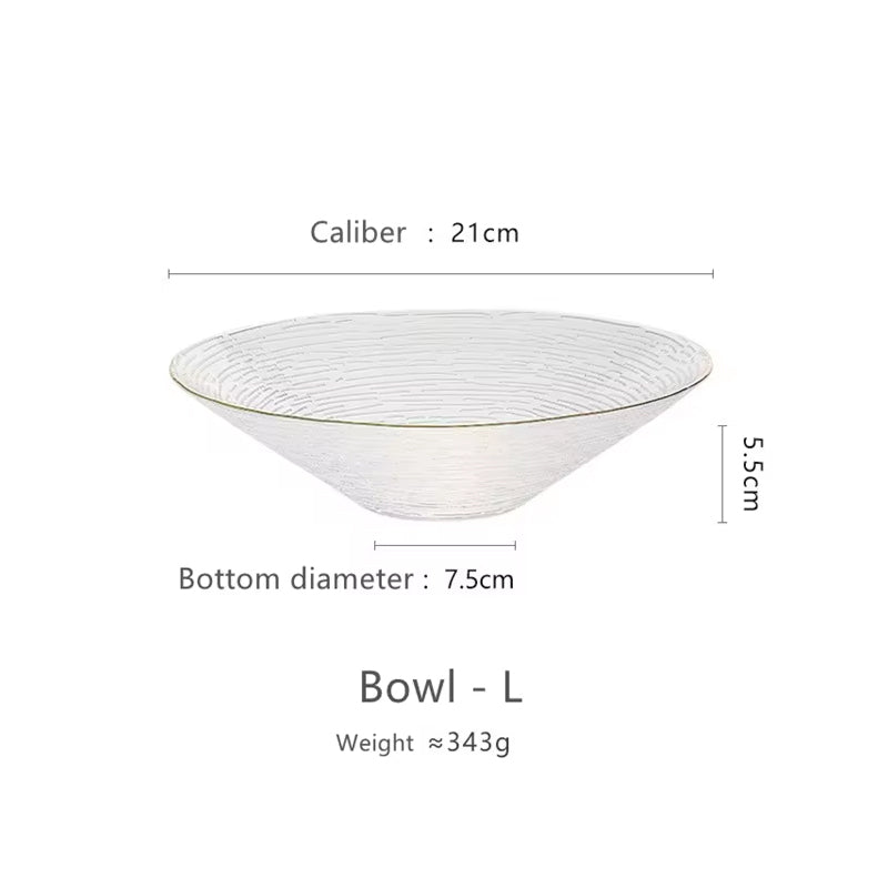 Gold-Rimmed Bamboo Hat Bowl Nordic Crystal Glass Salad Bowl Household Striped Bowl Plate Glass Tableware