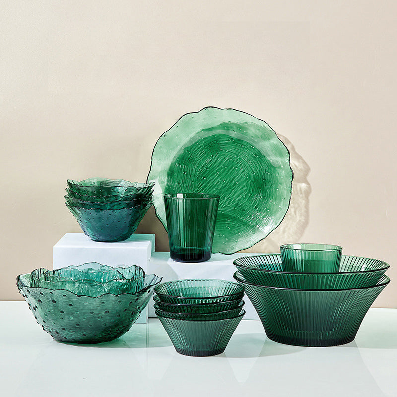 Household Tableware And Dishes Set, Glass Salad Bowl, Large Fruit Bowl, Creative Tableware, Fruit Plate, Large Bowl, Bamboo Hat, Bowl And Plate