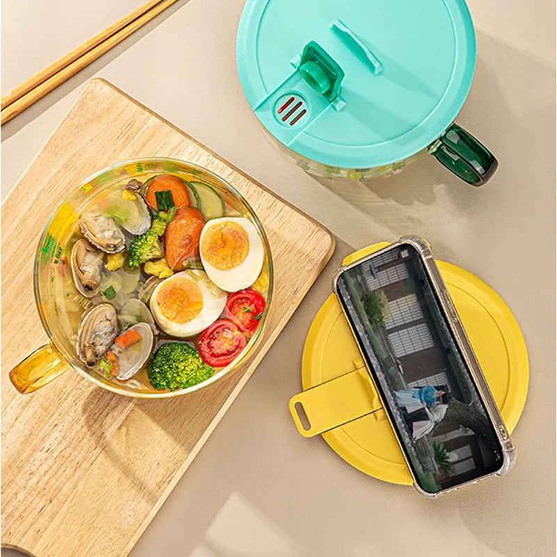 Simple Glass Instant Noodle Bowl With Lid, Large Ins Style Student Dormitory Artifact, Lunch Box For Office Workers, Home Printing With Lid