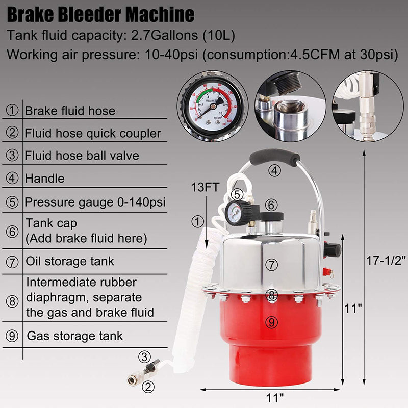 Brake Bleeder Kit Pneumatic Pressure Brake Clutch Fluid Bleeding Tool Set Air Power Pressurized Oil Change Bleeder Machine