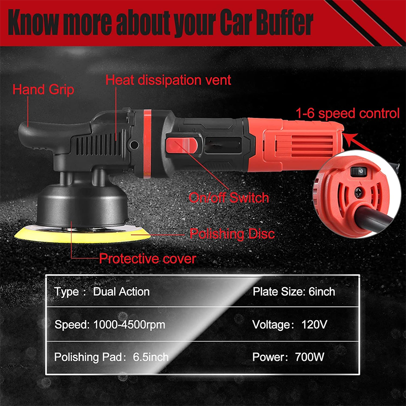 Car Buffer Polisher, 6 Inch Dual Action Polisher, Random Buffer Polisher Kit with 6 Variable Speeds 1000-4500rpm, Removable Handle, 4 Polishing Pads for Car Detailing Polishing and Waxing