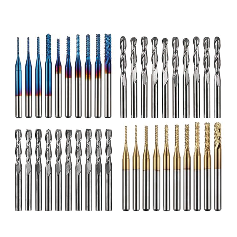 End Mills CNC Router Bits Kit,1/8" Shank,Titanium Coat End Mill, Nano Blue Coat End Mill,Set Including 2-Flute Flat Nose & Ball Nose End Mill,CNC Cutter Milling Carving Bit