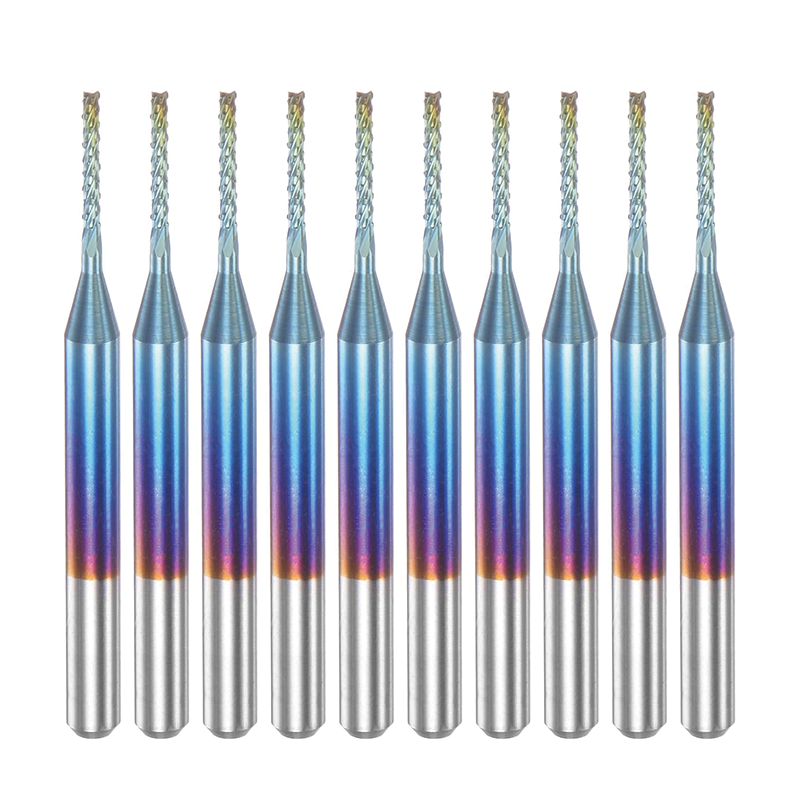 10pcs End Mills CNC Router Bits,1/8" Shank 1mm Blue Coated Tungsten Carbide Milling Cutters,for Milling Machine PCB Acrylic Wood Aluminum Metal