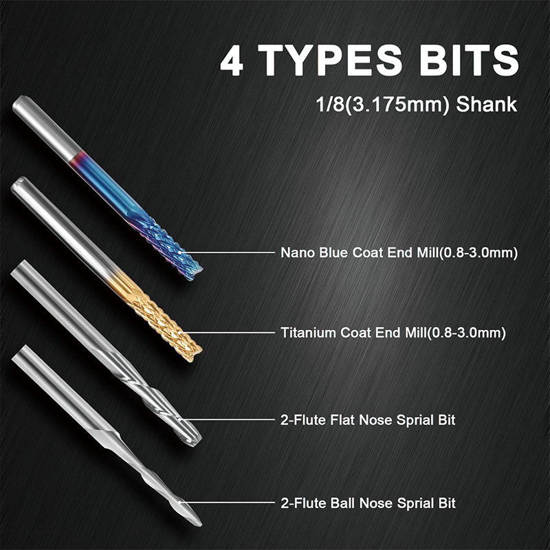 End Mills CNC Router Bits 40pcs ,1/8" Shank,CNC Cutter Milling Carving Bit Set Including 2-Flute Flat Nose & Ball Nose End Mill, Nano Blue Coat & Titanium Coat CNC Bits
