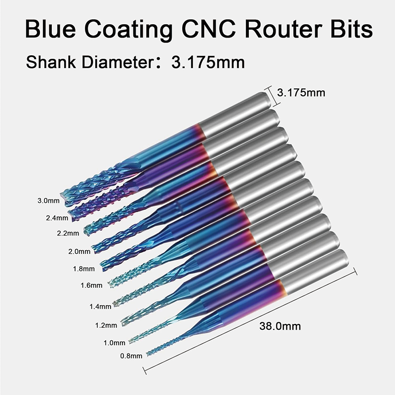 End Mills CNC Router Bits 40pcs ,1/8" Shank,CNC Cutter Milling Carving Bit Set Including 2-Flute Flat Nose & Ball Nose End Mill, Nano Blue Coat & Titanium Coat CNC Bits
