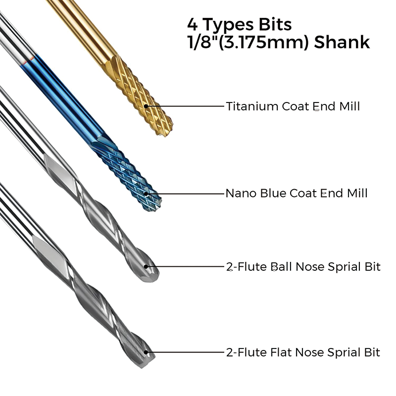 End Mills CNC Router Bits Kit,1/8" Shank,Titanium Coat End Mill, Nano Blue Coat End Mill,Set Including 2-Flute Flat Nose & Ball Nose End Mill,CNC Cutter Milling Carving Bit
