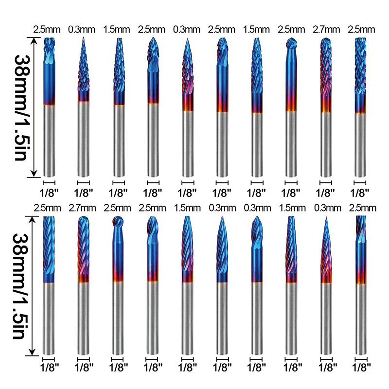 20 Pcs Carbide Rotary Burrs Set,1/8" Shank Nano Blue Coating Ball Nose End Mill,for Die Grinder Woodworking, Engraving, Drilling, Carving
