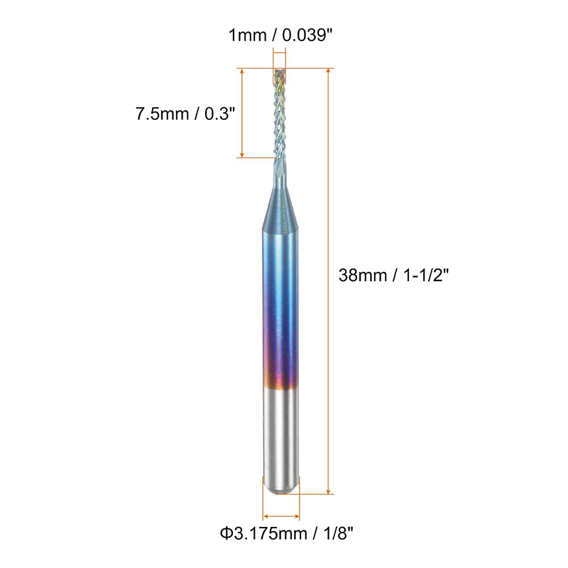 10pcs End Mills CNC Router Bits,1/8" Shank 1mm Blue Coated Tungsten Carbide Milling Cutters,for Milling Machine PCB Acrylic Wood Aluminum Metal