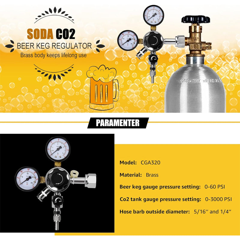 CGA-320 Keg Regulator, Quick Disconnect Co2 Kegerator Regulator With Pressure Adjustment Knob, With 2 Swivel Nut & 1/4’’ & 5/16’’ Barb