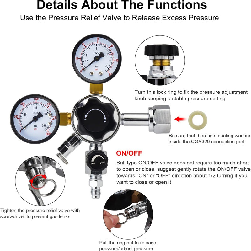 CGA-320 Keg Regulator, Quick Disconnect Co2 Kegerator Regulator With Pressure Adjustment Knob, With 2 Swivel Nut & 1/4’’ & 5/16’’ Barb
