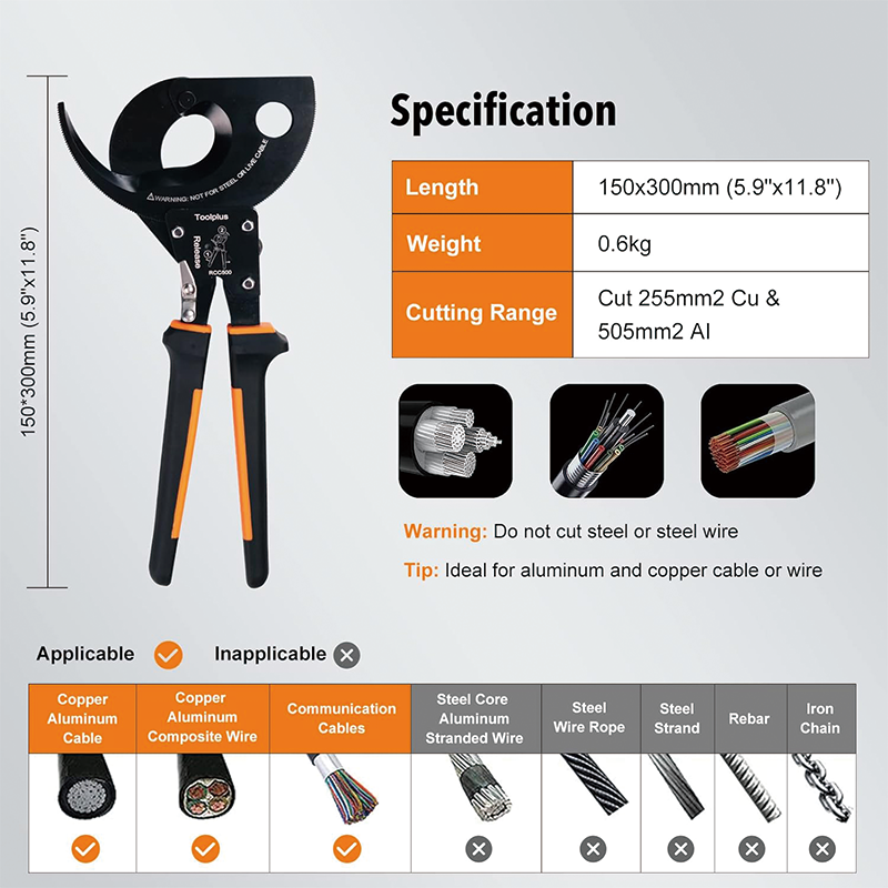 Heavy Duty Ratcheting Cable Cutter, Strong Silicon-Manganese Spring Steel Blade-for 750MCM Copper and 1000MCM Aluminum